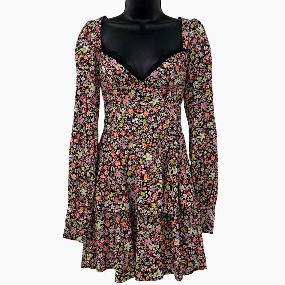 AFRM Modesto Sweetheart Floral Tiered Mini Dress in Noir Wildflower | XS